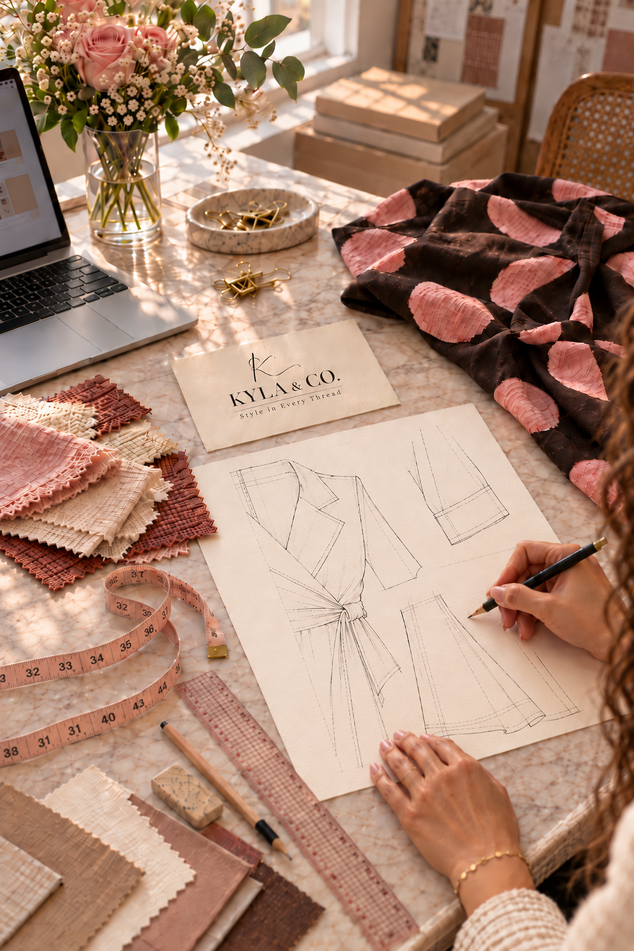A designer sketching a wrap dress at a sunlit marble workbench, surrounded by fabric swatches, a tape measure and a Kyla & Co. card